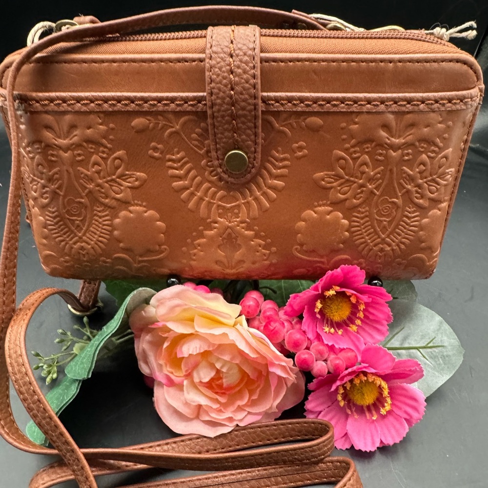 The Sak Embossed Brown Crossbody Wallet Purse